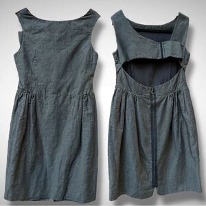 Mischen Dress Cut Out Back Linen Wool Charcoal Gray Sheath Architectural | Sz 2